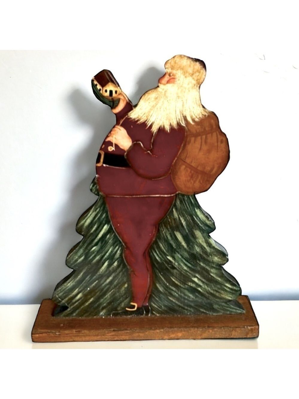 Vintage Deborah Ann Fleckenstein Handmade Wooden Santa Plaque On A Stand 12”